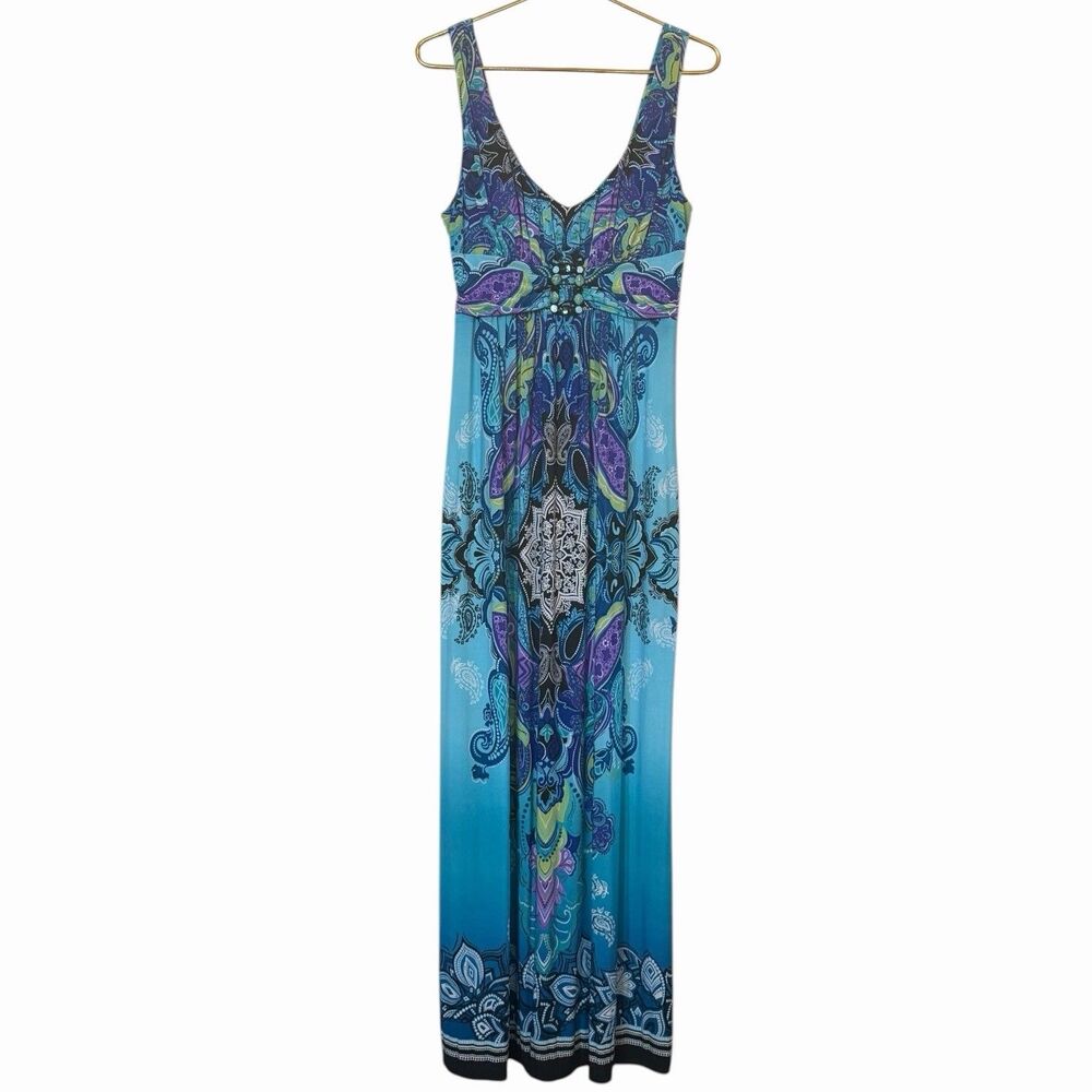 Womens Maxi Dress Size 12 Blue Paisley Beaded Boho Y2K Resort Dressy Rare Flowy